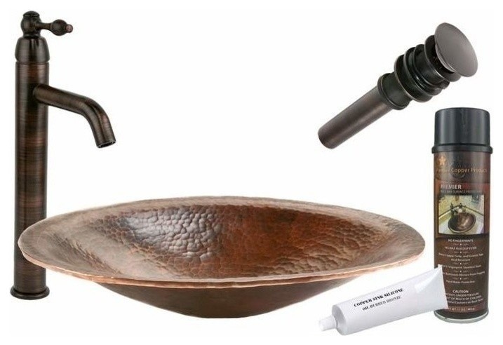 Premier Copper Products BSP1_PVOVAL20 20" Hand Forged Copper Vessel Sink Package