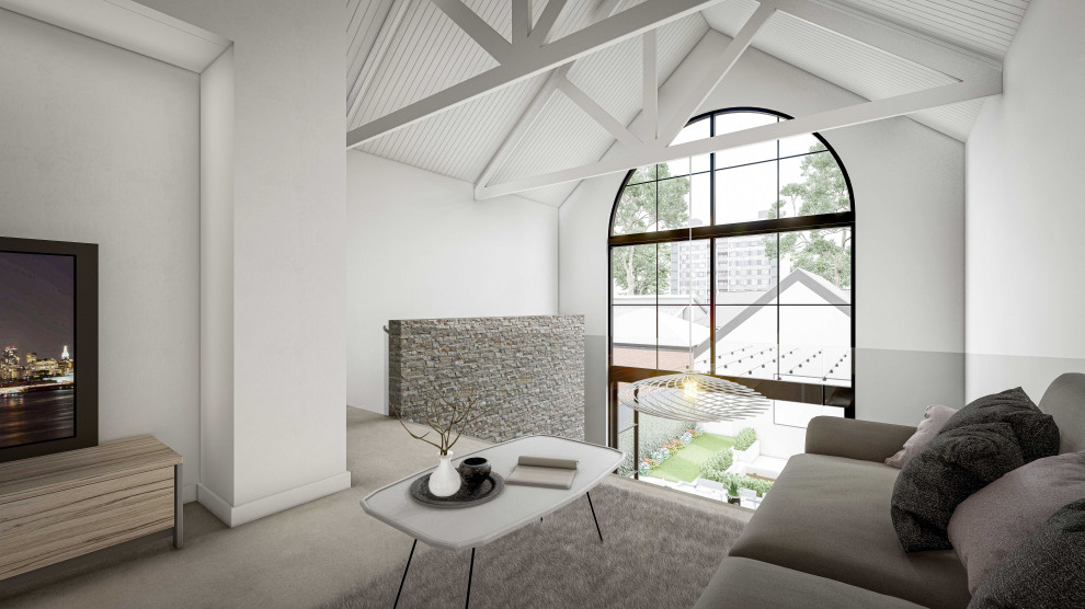 Foto di una veranda scandinava di medie dimensioni con moquette, nessun camino, pavimento grigio e soffitto classico