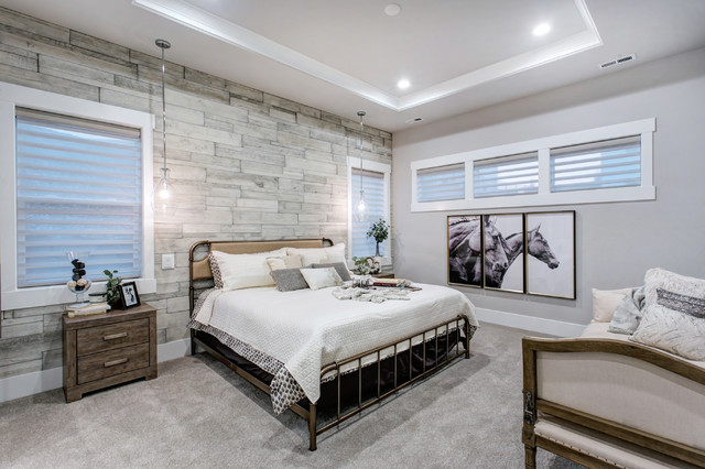 Shabby Chic Bedroom With Light Faux Reclaimed Barnwood