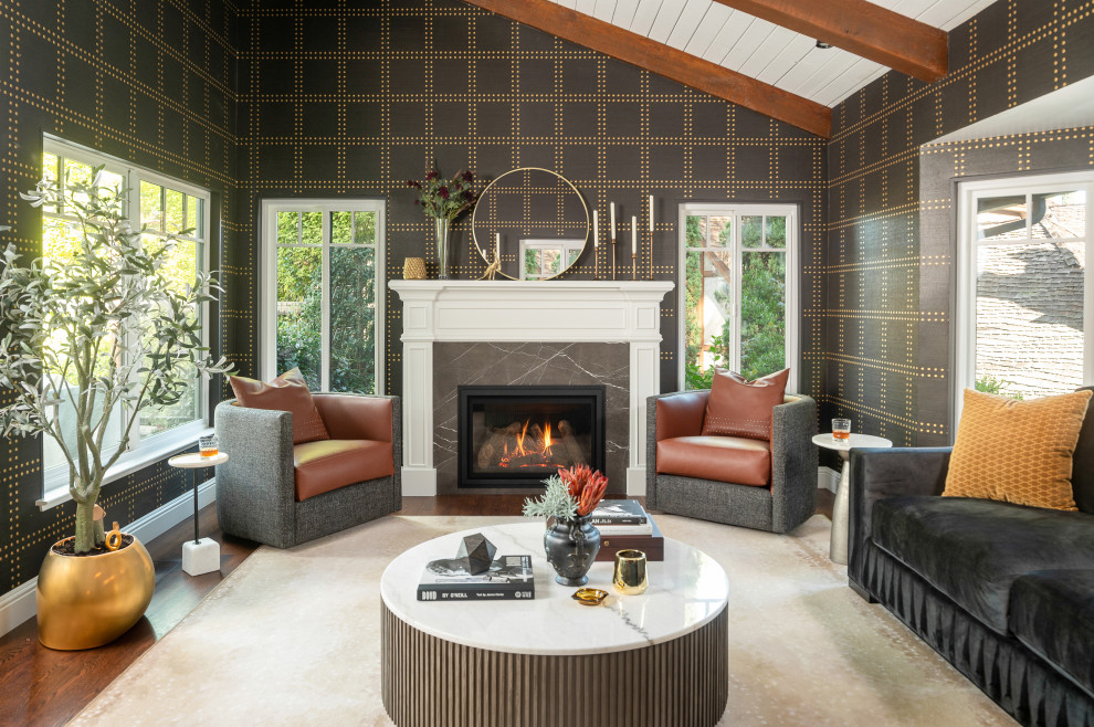 Inspiration for a transitional dark wood floor, brown floor, exposed beam, shiplap ceiling, vaulted ceiling and wallpaper living room remodel in San Francisco with gray walls, a standard fireplace and a stone fireplace