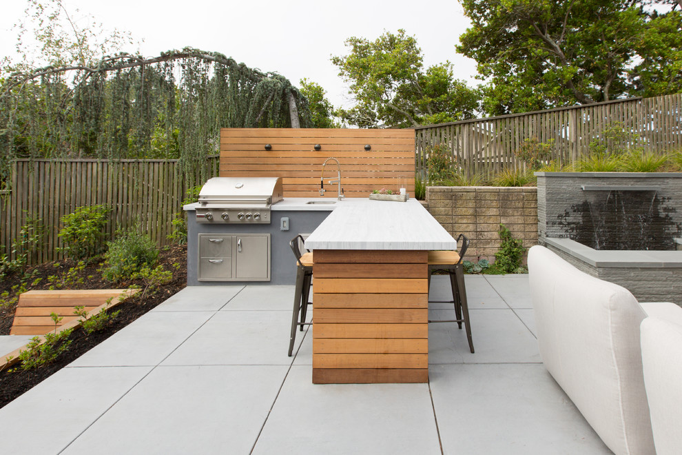 This is an example of a contemporary backyard patio in San Francisco with concrete pavers and no cover.