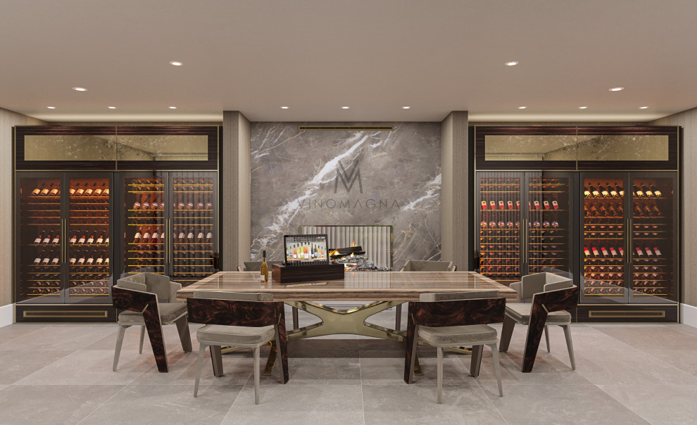 This is an example of an expansive modern wine cellar in Cheshire with porcelain floors, grey floor and display racks.