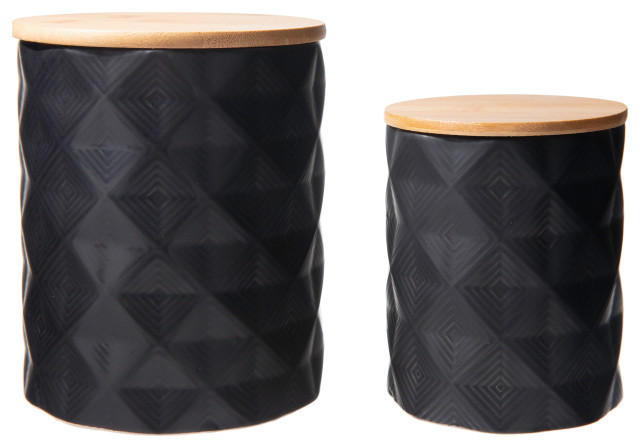 Round Ceramic Canister With Bamboo Lid Matte Black Finish   Home Design 