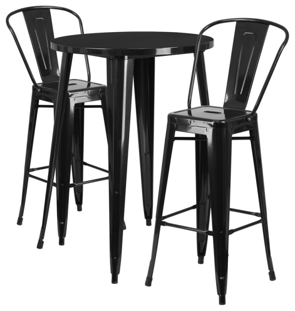 30" Round Metal Indoor/Outdoor Bar Table Set, Black Industrial