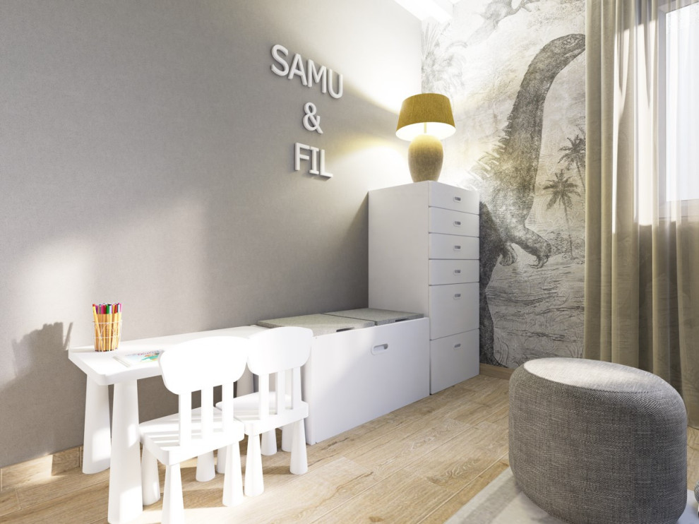 Idéer för mellanstora skandinaviska könsneutrala barnrum kombinerat med sovrum och för 4-10-åringar, med beige väggar, ljust trägolv och beiget golv