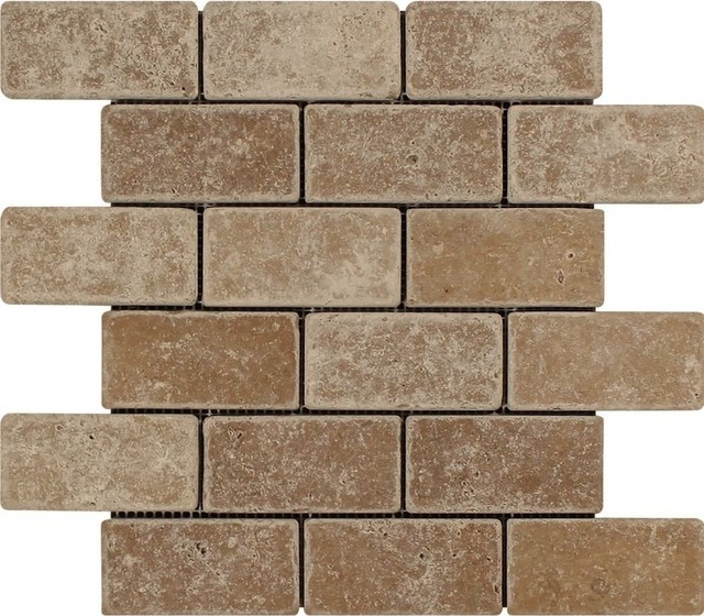 Noce Travertine Brick Mosaic 2x4 Tumbled Tiles Noce Travertine Brick Mosaic 2x4 Tumbled Tiles 10 Sqft