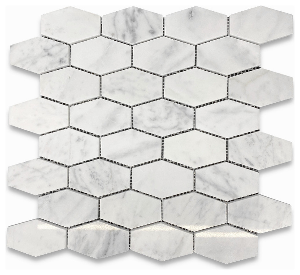 Long Hexagon Carrara Marble Hive Picket Mosaic Tile Polished Venato, 1 sheet