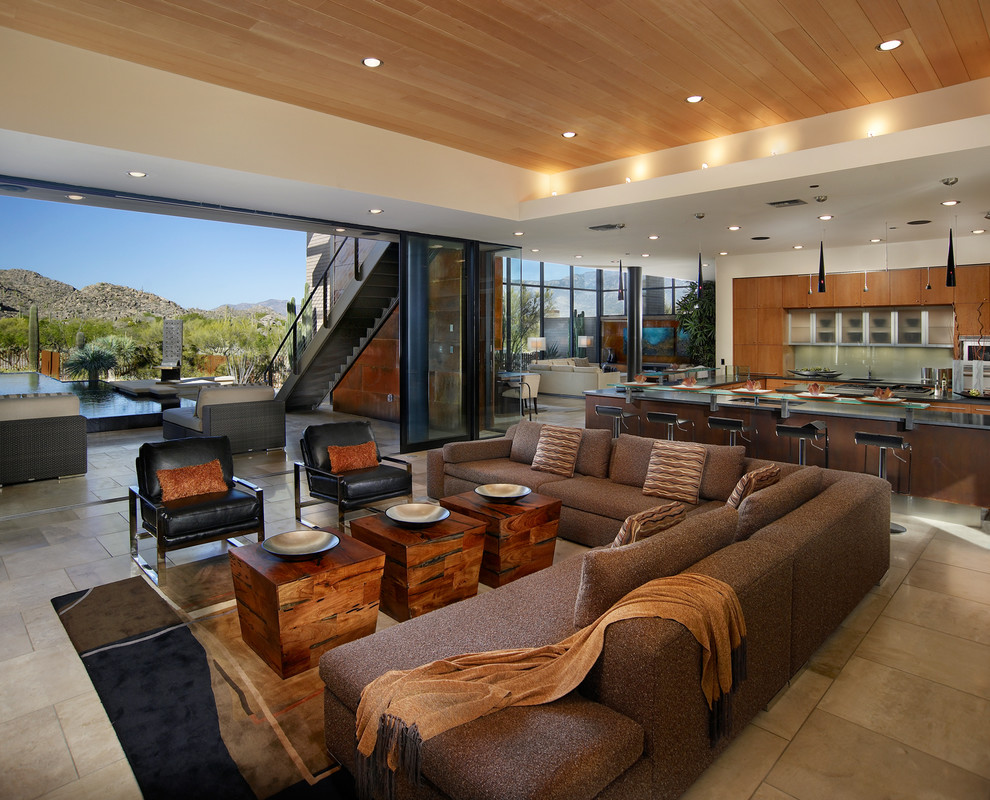 Photo of an expansive contemporary open concept living room in Phoenix with white walls.