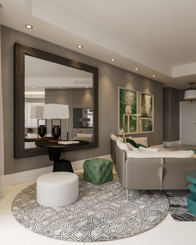 На фото: гостиная комната в стиле модернизм с серыми стенами, полом из керамической плитки, белым полом и обоями на стенах с