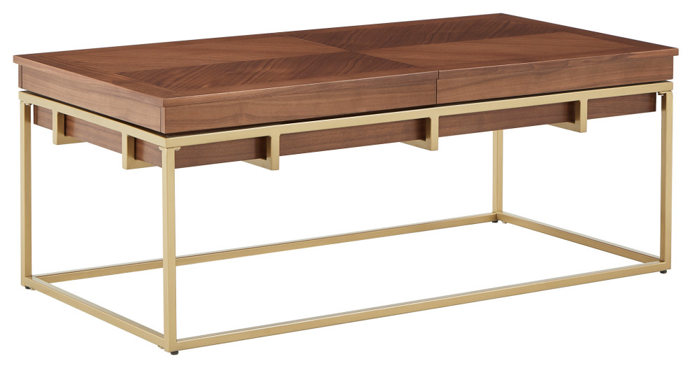 Raleigh Natural Finish Coffee Table with Storage, Gold Base