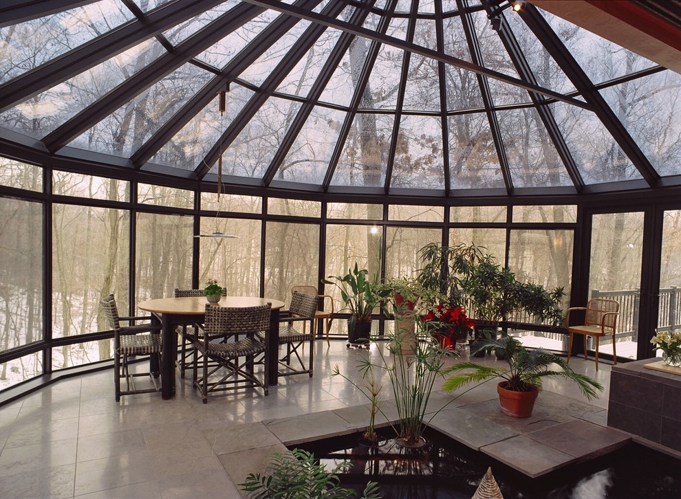 Large asian sunroom in Detroit with ceramic floors and a glass ceiling.