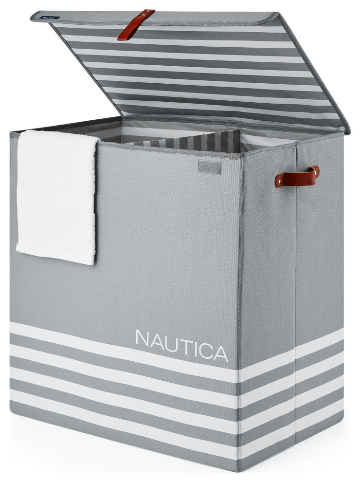 Nautica Folded Divided Hamper with Lid, Gray Stripe Contemporary