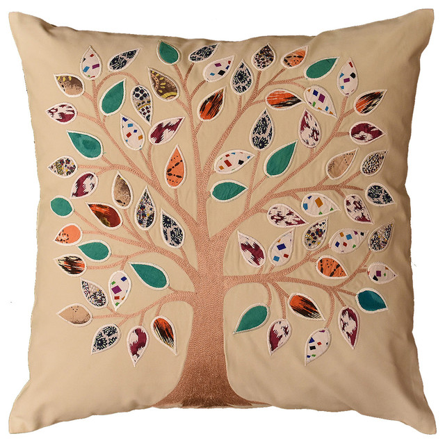 Beige Tree Of Life Decorative Pillow Cover Cotton Applique Work