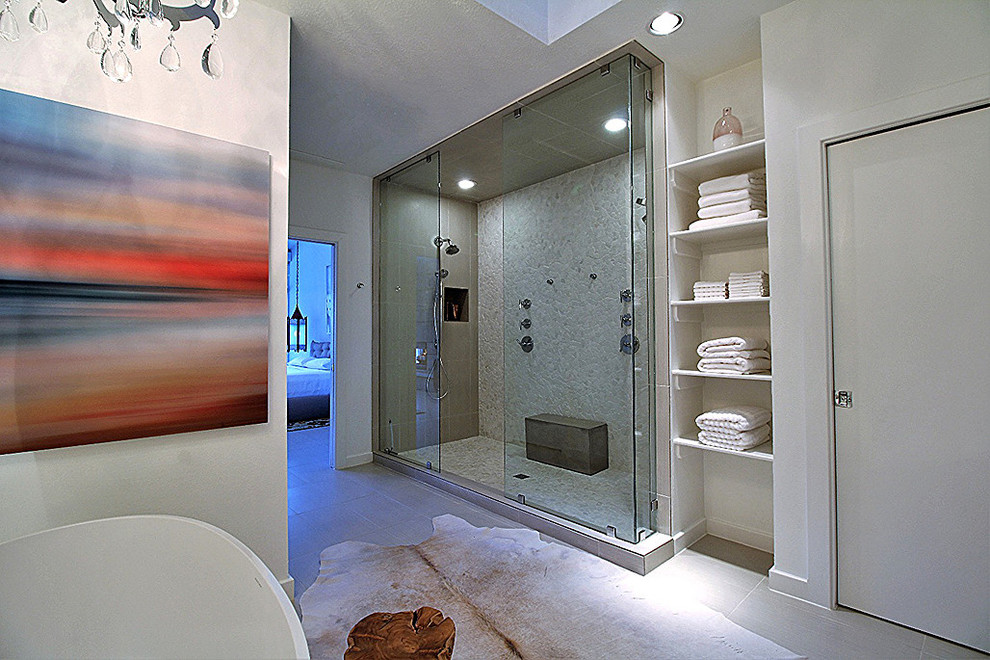 Design ideas for a large contemporary master bathroom in Orange County with a freestanding tub, white walls, ceramic floors, shaker cabinets, grey cabinets, a corner shower, an undermount sink, engineered quartz benchtops, a hinged shower door and multi-coloured tile.