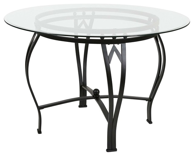Modern 45 Inch Round Glass Top Dining Table With Black Metal Frame