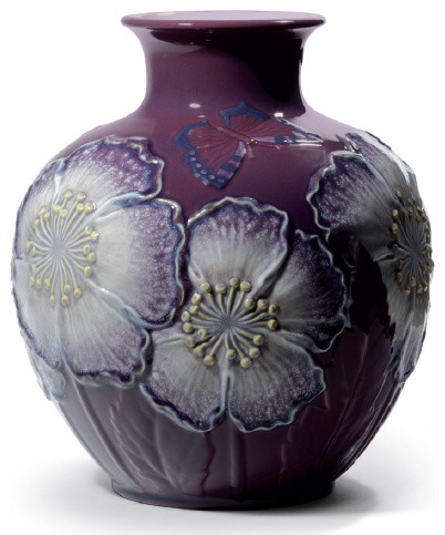Lladro Poppy Flowers Vase Purple