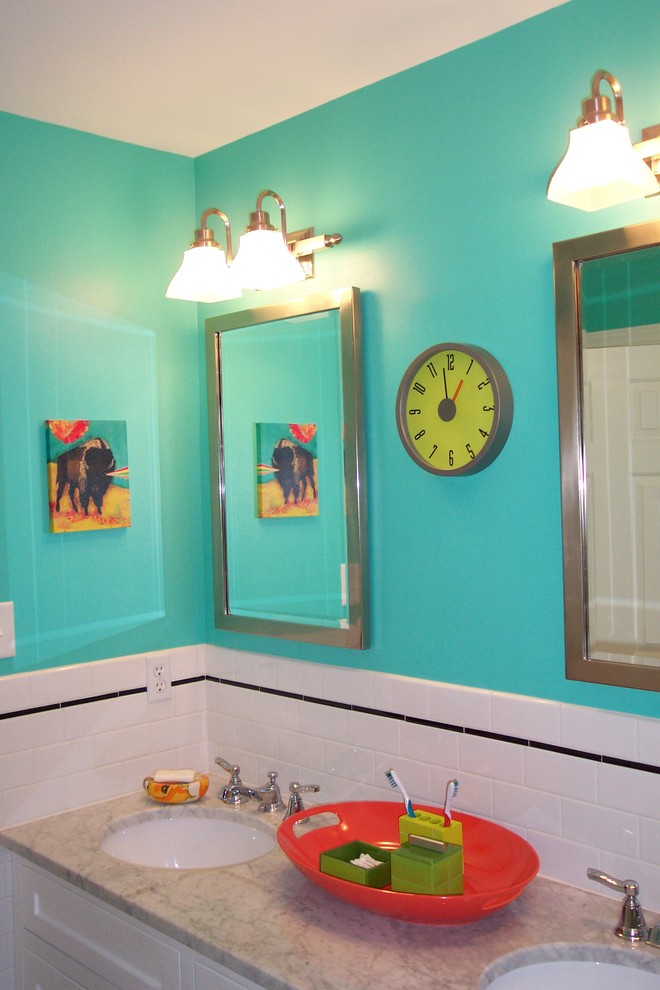 Eclectic kids bathroom in Richmond with marble benchtops.