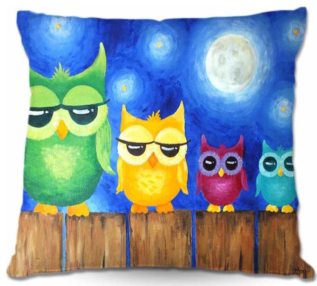 Owls on a Fence Blue Outdoor Pillow, 22"x22"