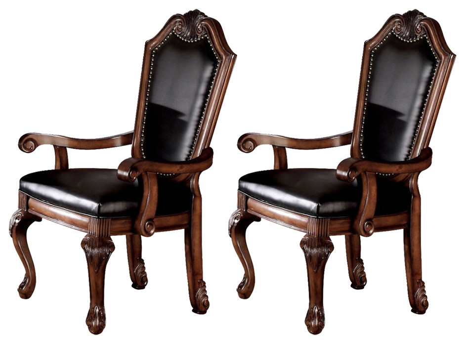 Set of 2 Black PU Upholstered Dining Chair, Cherry Finish Victorian