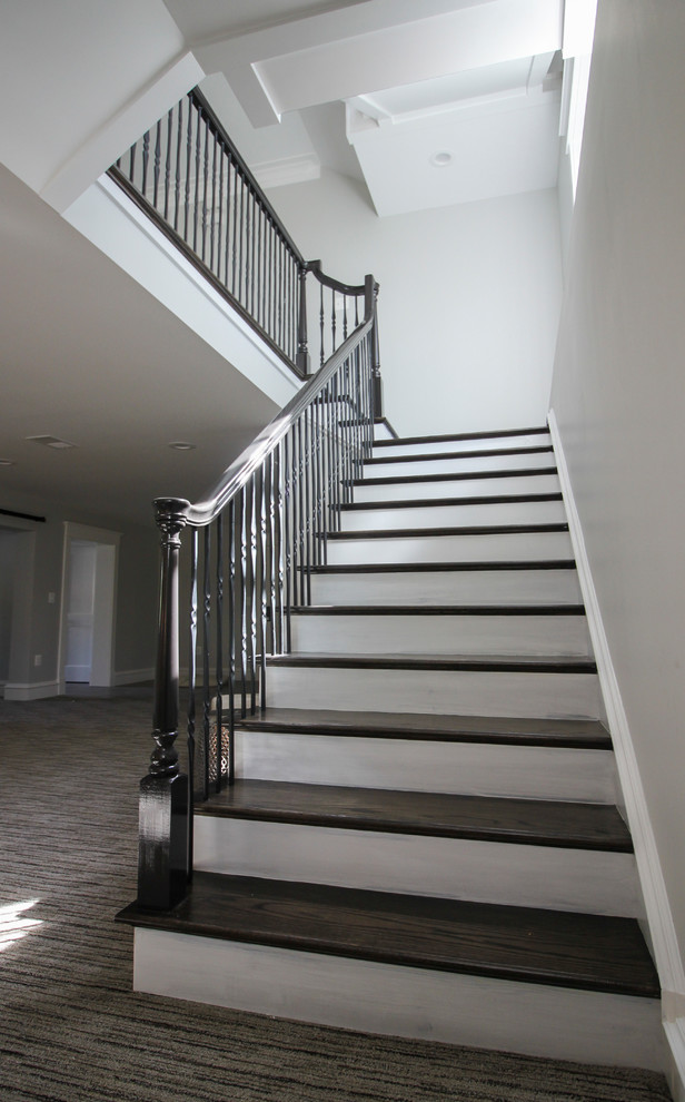 Staircase - large transitional wooden l-shaped mixed material railing staircase idea in DC Metro with painted risers