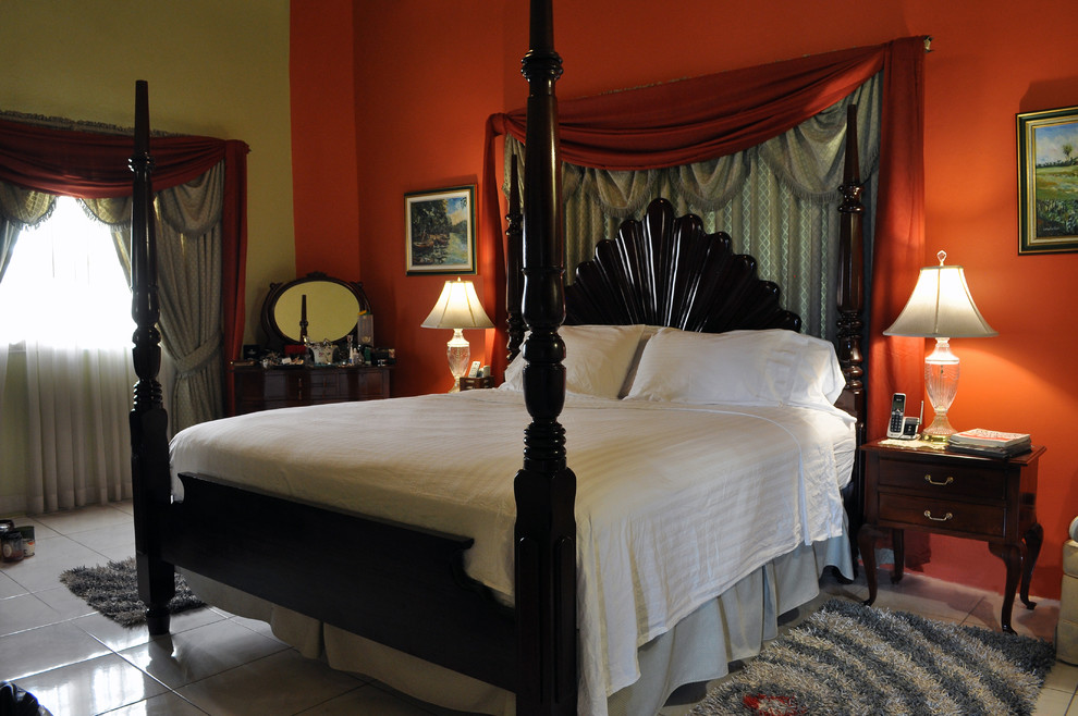Example of a mid-sized classic master ceramic tile and beige floor bedroom design with multicolored walls
