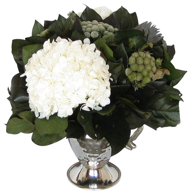 Mini Nickel Trophy Vase, Gray Banksia, Brunia and White Hydrangea