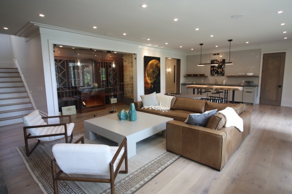 This is an example of a mid-sized contemporary look-out basement in Other with grey walls, light hardwood floors, no fireplace and brown floor.