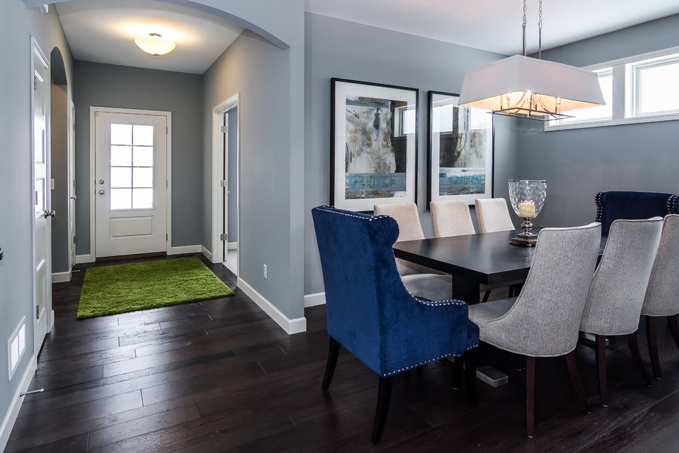 Photo of a mid-sized transitional separate dining room in Minneapolis with blue walls, dark hardwood floors, a two-sided fireplace and a tile fireplace surround.