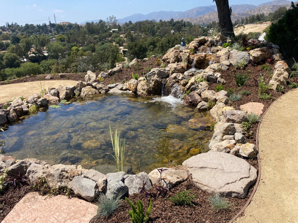 This is an example of a mid-sized craftsman drought-tolerant and full sun backyard decomposed granite pond in Los Angeles.