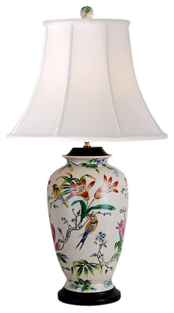 Large Chinese Bird Motif Porcelain Vase, Asian Porcelain Lamps