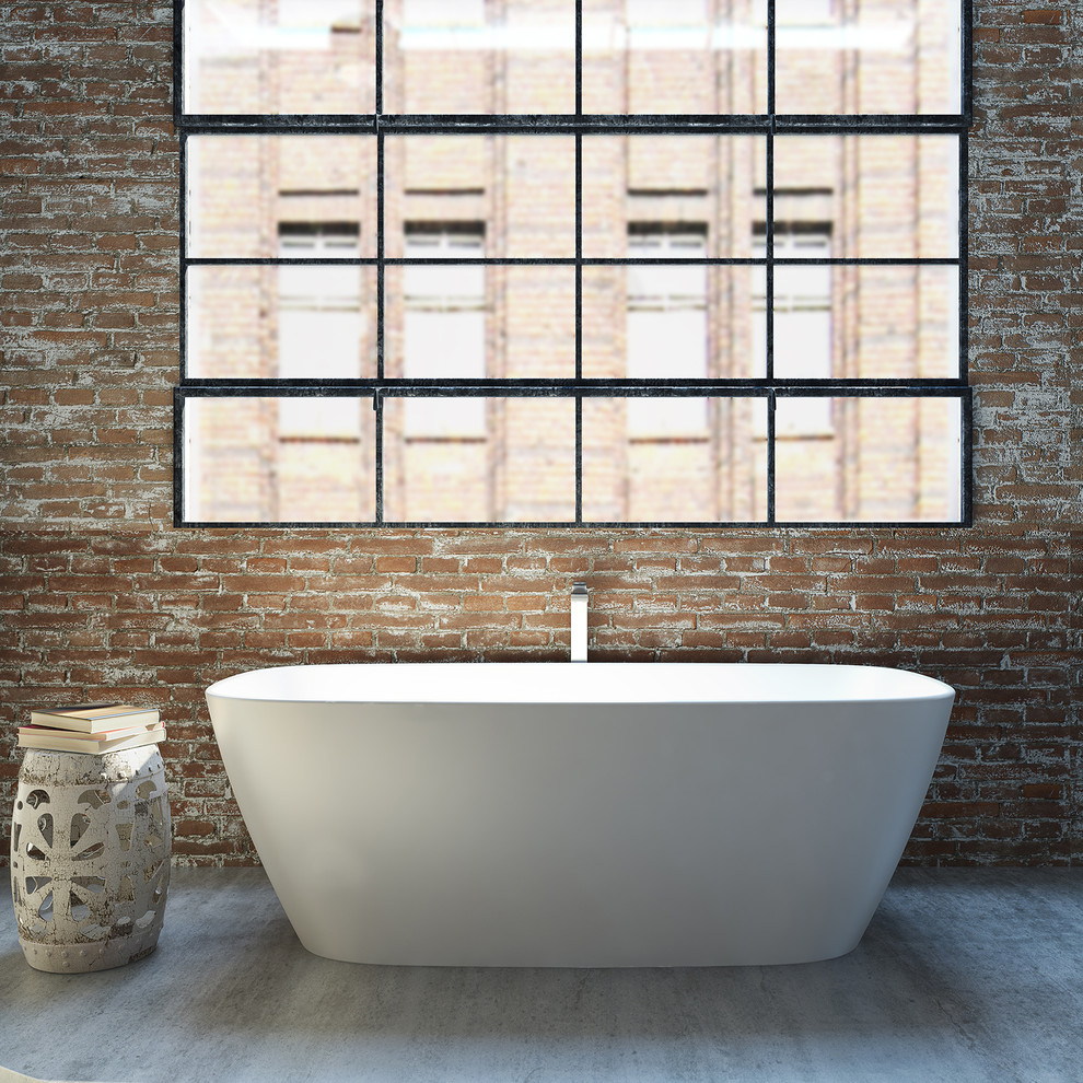 Design ideas for an expansive industrial master bathroom in Sydney with a vessel sink, wood benchtops, a freestanding tub, an open shower, a wall-mount toilet and concrete floors.