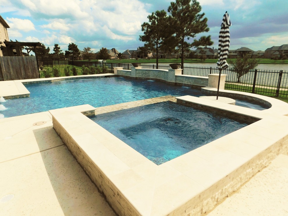 Travertine Pools With Raised Beam Walls Pool Houston By Great Escapes Custom Pools Houzz