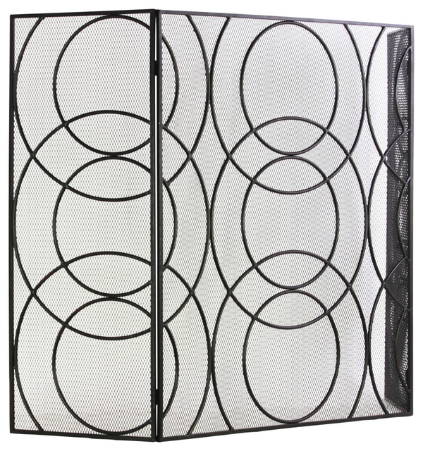Metal Hinged Fireplace Screen With Circle In Circle Design