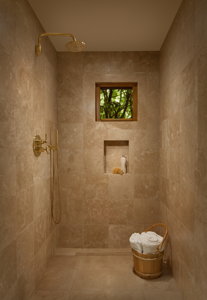 Inspiration for a mid-sized contemporary bathroom in San Francisco with shaker cabinets, medium wood cabinets, an alcove shower, a two-piece toilet, beige tile, limestone, brown walls, light hardwood floors, with a sauna, an undermount sink, engineered quartz benchtops, beige floor and an open shower.