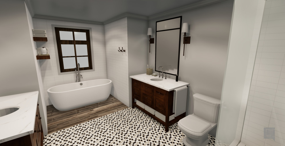 Design ideas for a country master bathroom in Philadelphia with furniture-like cabinets, distressed cabinets, a freestanding tub, a corner shower, white tile, subway tile, white walls, an undermount sink, marble benchtops, a hinged shower door and brown benchtops.