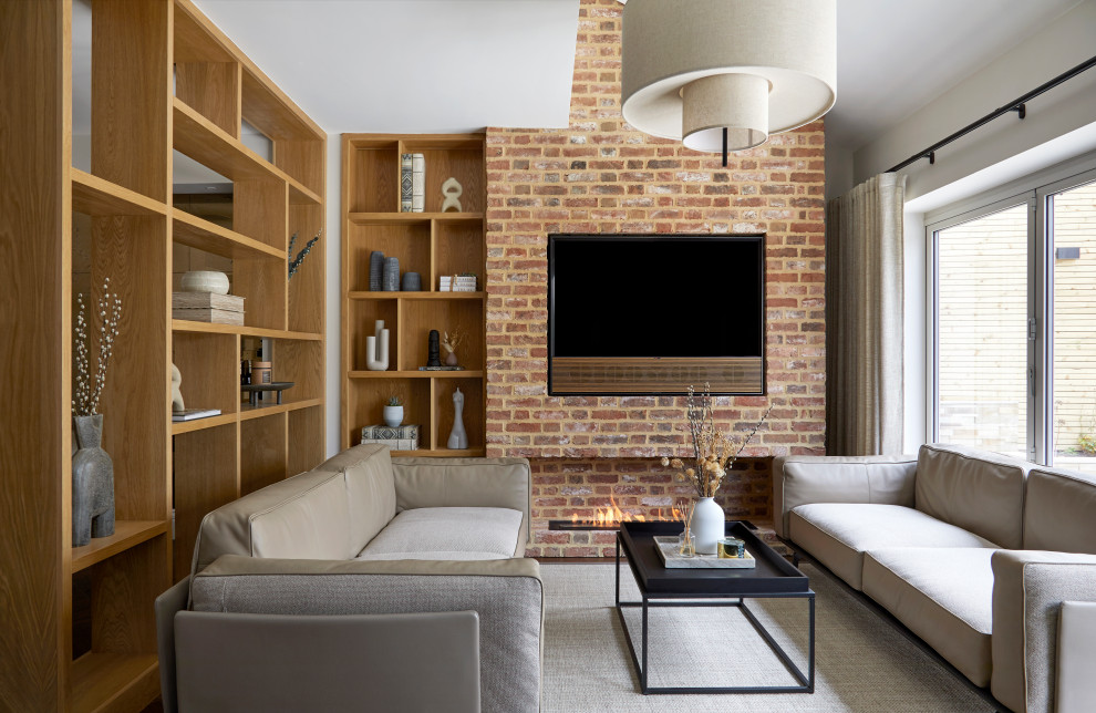 This is an example of a contemporary living room in Essex with beige walls, medium hardwood floors, a ribbon fireplace, a brick fireplace surround, a wall-mounted tv, brown floor and brick walls.