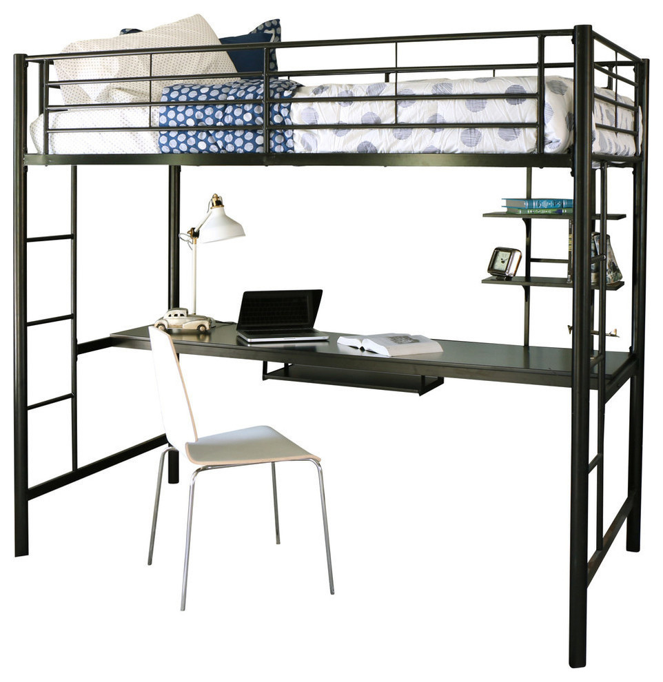 metal loft bed with desk and shelves