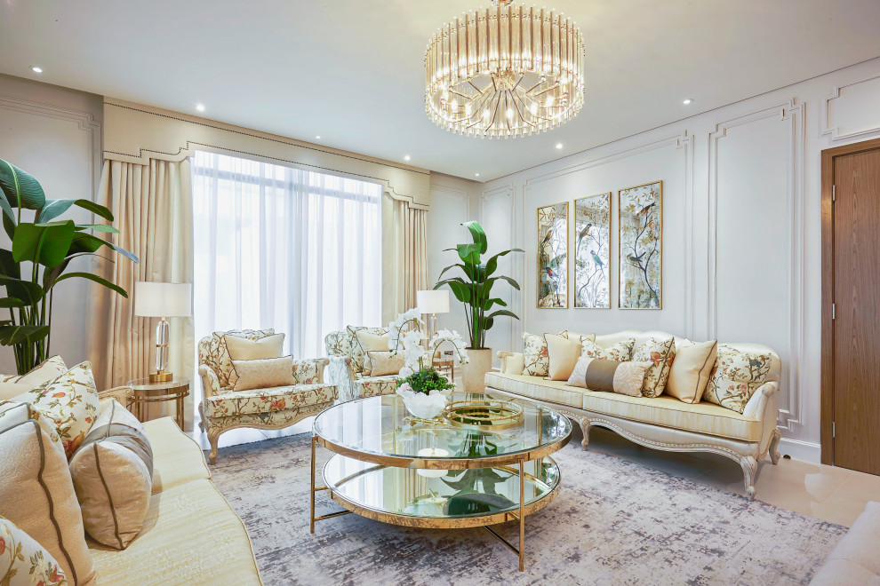 American living room With White Walls.