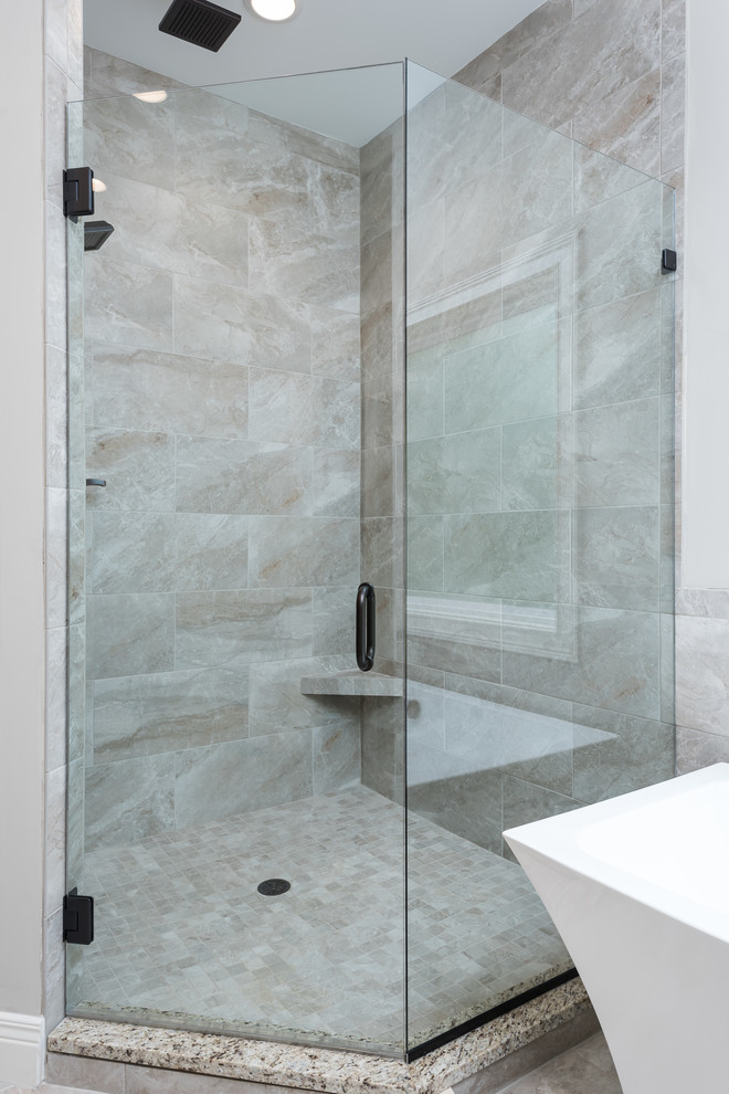 Example of a mid-sized transitional master gray tile and ceramic tile ceramic tile bathroom design in Louisville with gray walls