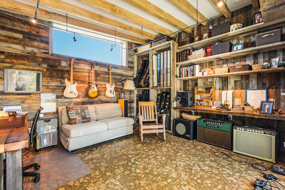 This is an example of a country enclosed family room in Other with a music area and brown walls.