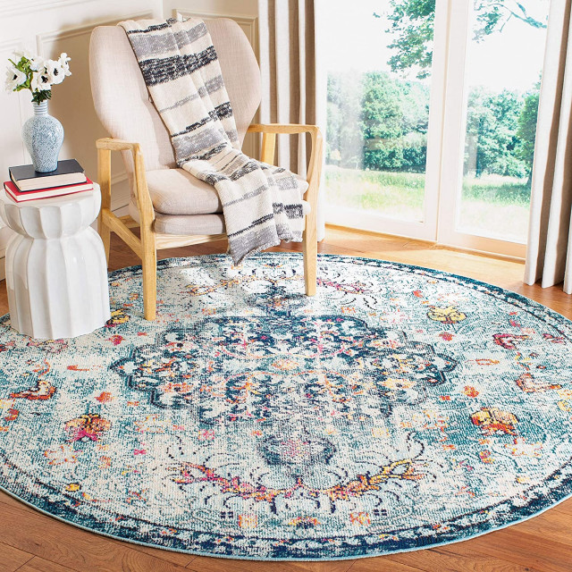 12' Round Navy/Light Blue Boho Chic Medallion Rug, Distressed & Non ...