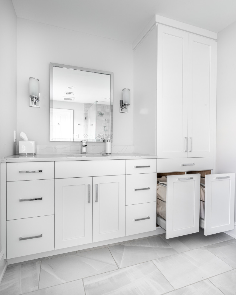 Inspiration for a medium sized classic family bathroom in Philadelphia with flat-panel cabinets, white cabinets, white walls, porcelain flooring, a submerged sink, engineered stone worktops, grey floors, white worktops, a single sink and a built in vanity unit.