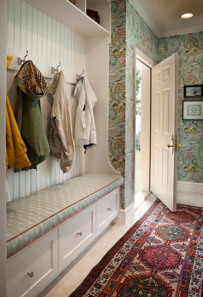 Design ideas for a large traditional mudroom in Philadelphia with multi-coloured walls, a single front door and a white front door.