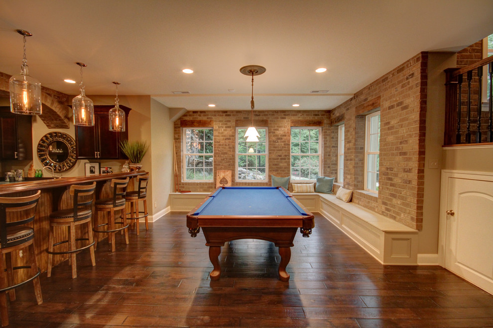 Inspiration for a large transitional look-out ceramic tile basement remodel in Richmond with beige walls