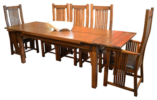 Arts And Crafts Oak Dining Table With 2, Nine Piece Dining Room Setup