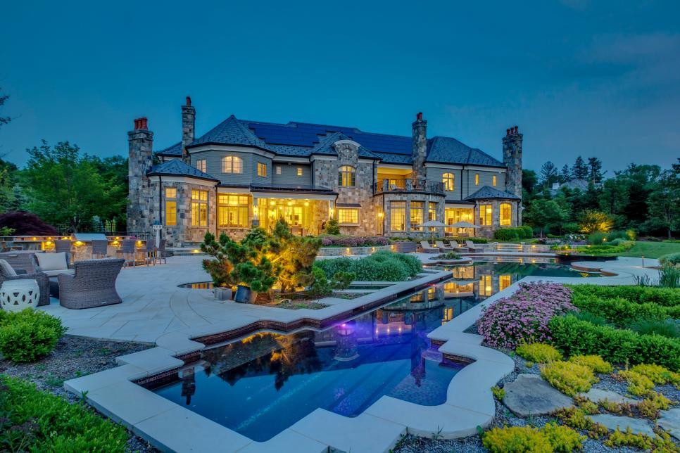 Bedford NY Custom landscape night lighing of the World Famous Violin Pool Modern Pool New