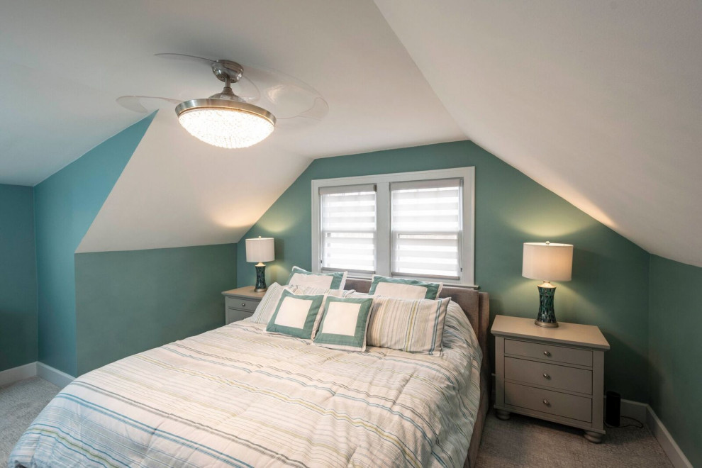Example of a small transitional master carpeted and gray floor bedroom design in Indianapolis with green walls