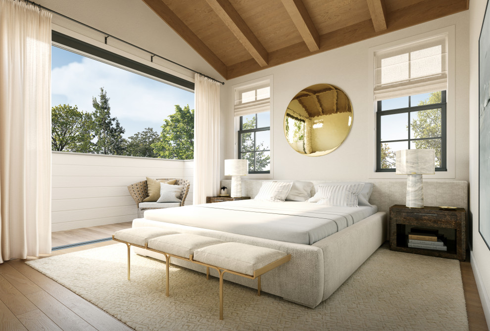Идея дизайна: большая хозяйская спальня в стиле кантри с белыми стенами, деревянным потолком, светлым паркетным полом и бежевым полом