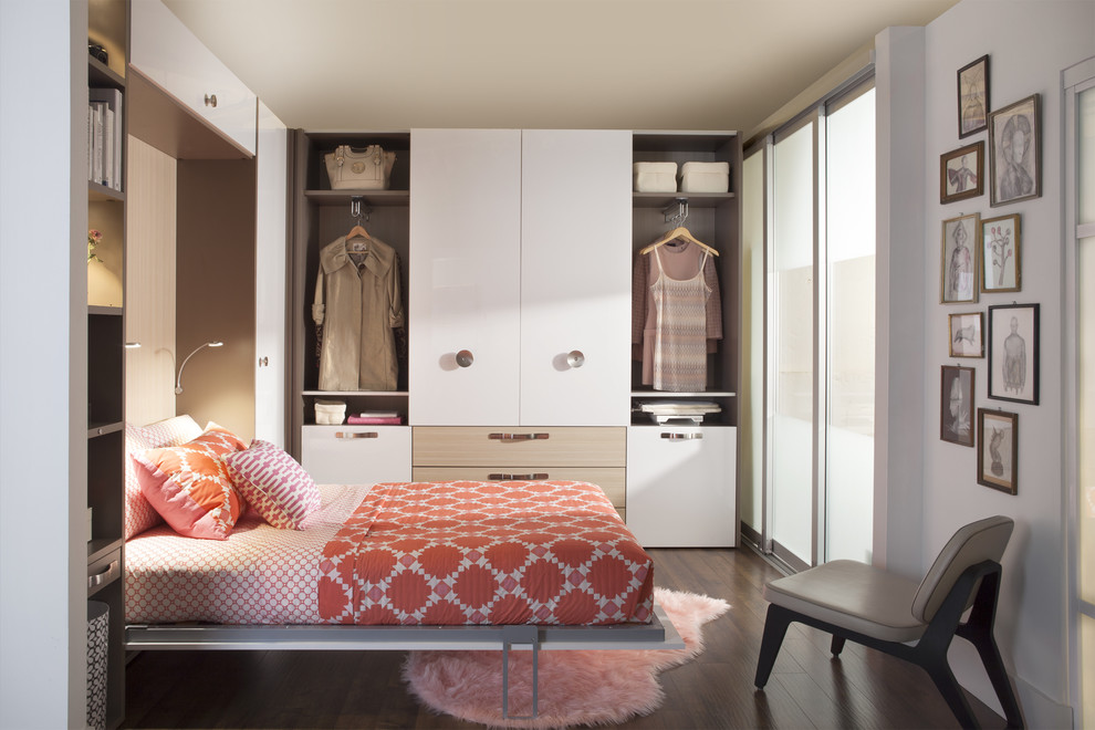 Inspiration for a mid-sized modern gender-neutral and master dark wood floor bedroom remodel in New York with white cabinets