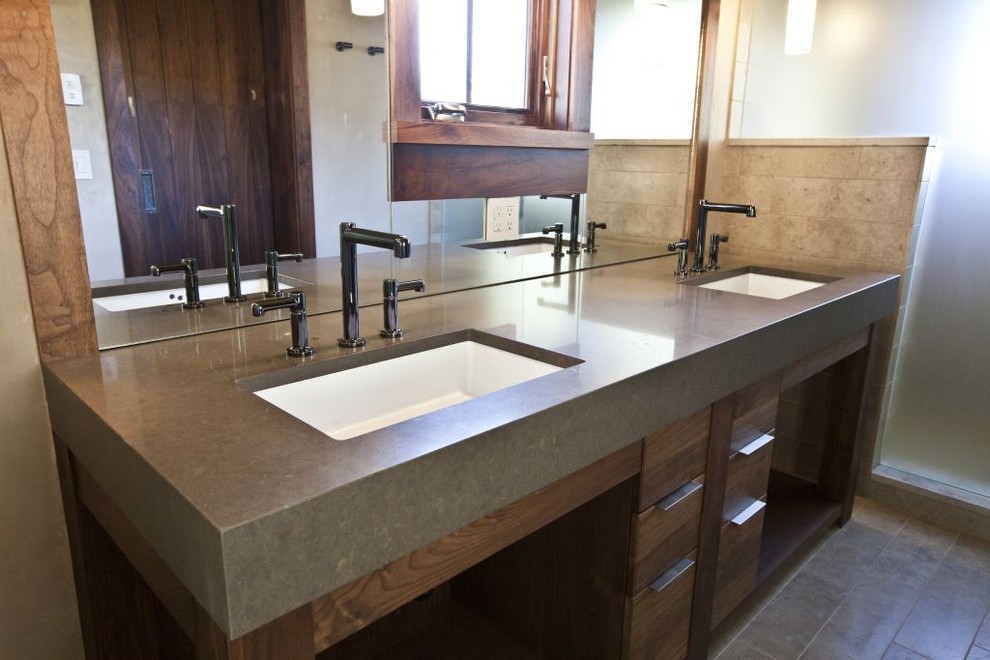 Contemporary bathroom in Denver with an undermount sink and flat-panel cabinets.